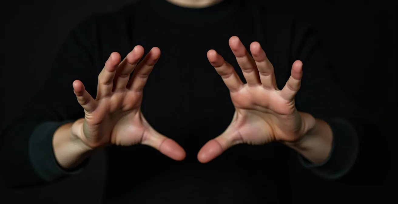 Gros plan sur les mains expressives d'un comédien captées en plein mouvement créatif