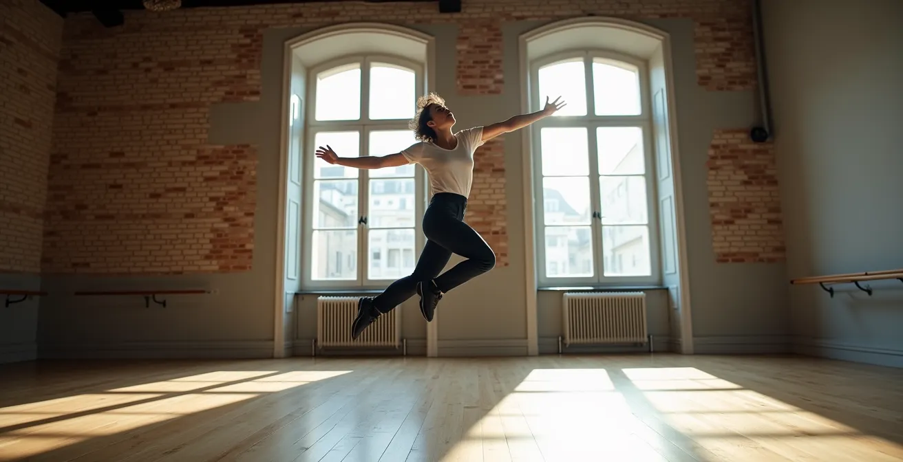 Comédien en pleine improvisation dans un espace théâtral minimaliste parisien