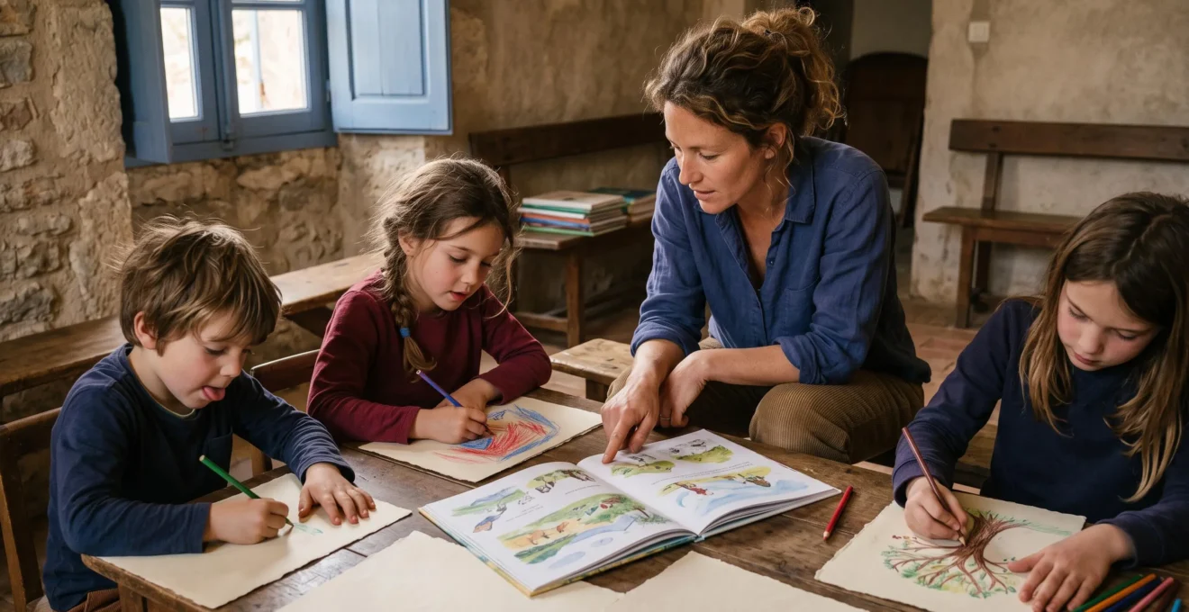 Des enfants dessinent autour d'une table basse pendant un atelier encadré par une animatrice dans une salle en pierre.