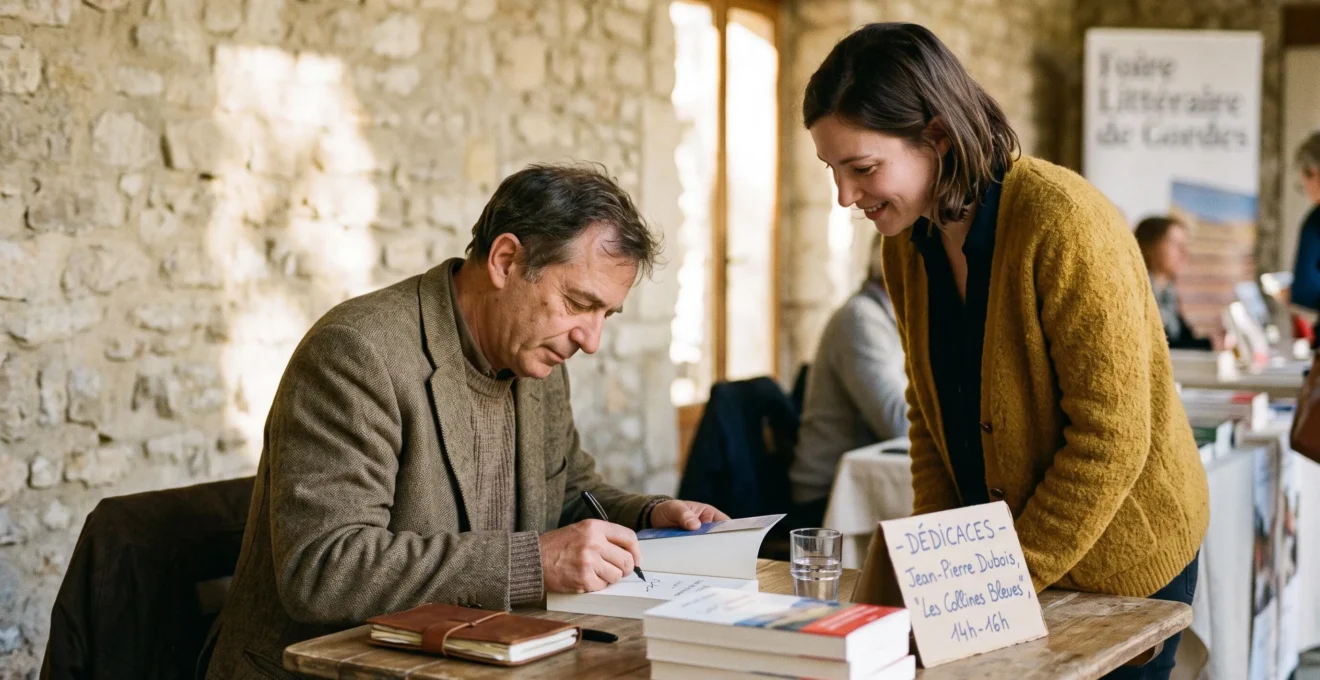 Un auteur dédicace un livre à une lectrice debout devant une petite table lors d'un salon littéraire.