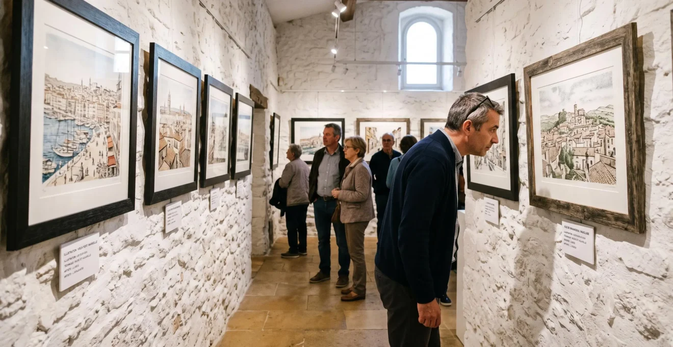 Des visiteurs observent de grandes illustrations encadrées exposées sur les murs blancs d'une salle d'exposition en pierre.