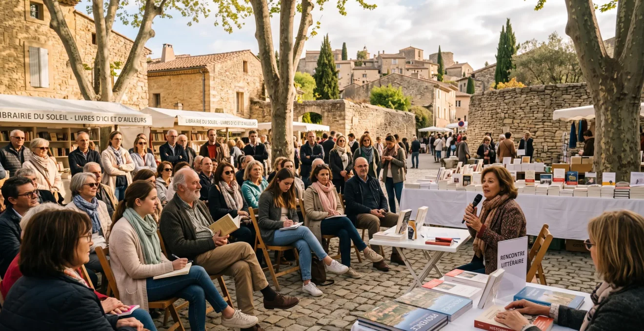 Un public assis écoute un auteur lors d'un débat littéraire en plein air sur une place de village provençal, sous les arbres, devant des tables de livres.