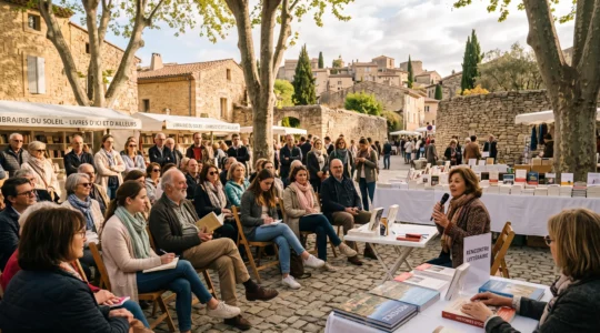 Un public assis écoute un auteur lors d'un débat littéraire en plein air sur une place de village provençal, sous les arbres, devant des tables de livres.